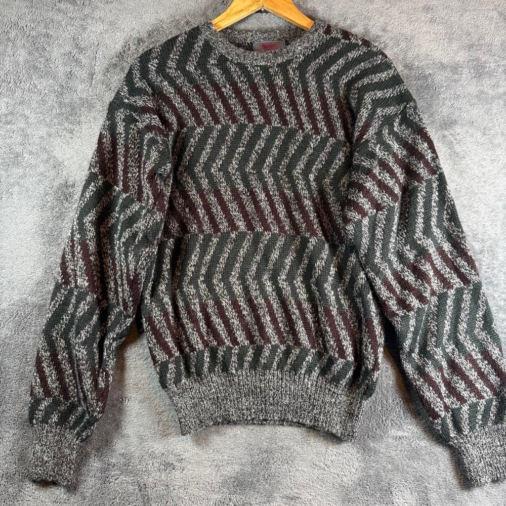 90s‎ J. TODD Men's Gray & Brown Geometric Knit Pullover Sweater Crew Neck L